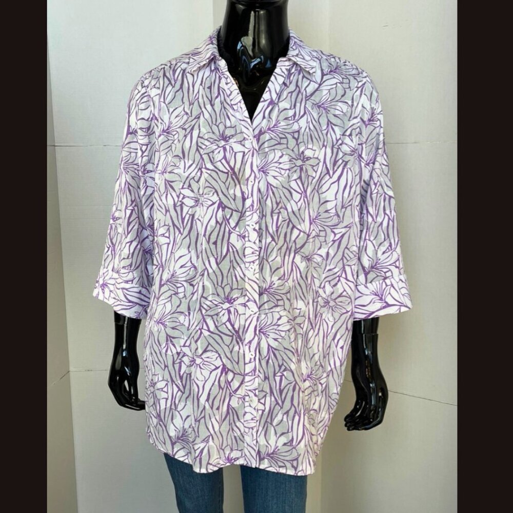 Foxcroft White Purple Floral Print Cotton Poly Shirt Tunic Sz 24W
